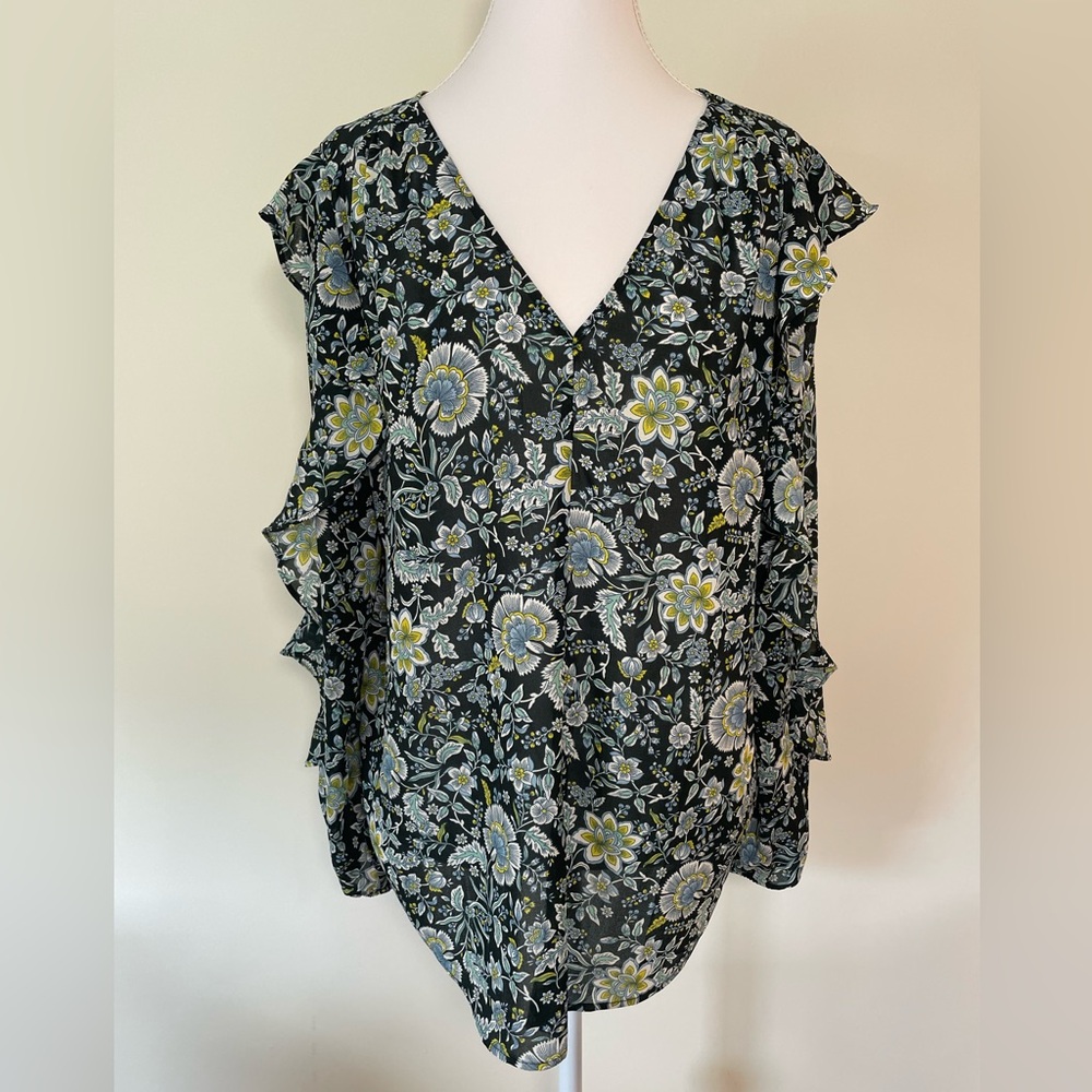 LOFT Black Floral Blouse with Yellow‎ Accents